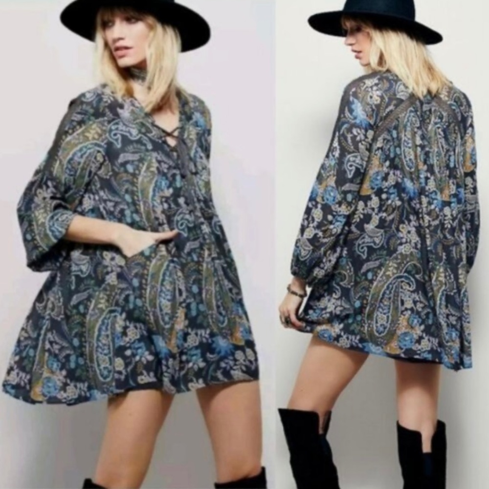 Free People Rain or Shine Mini Dress Tunic Floral Paisley Print